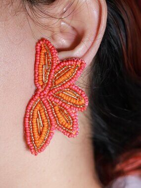 Artisan Handmade Orange Pink Gold tones Leaf Design Earrings Jewelry Gift